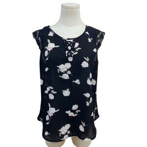 Candie’s Black Floral Lace Sleeve Blouse Lace-Up Front & Keyhole Back Sz M - New